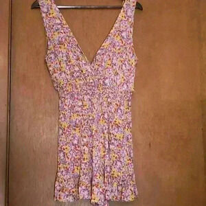 Womens Floral Print Smocked Waist Mini Dress V Neck Sleeveless Ruffle Hem